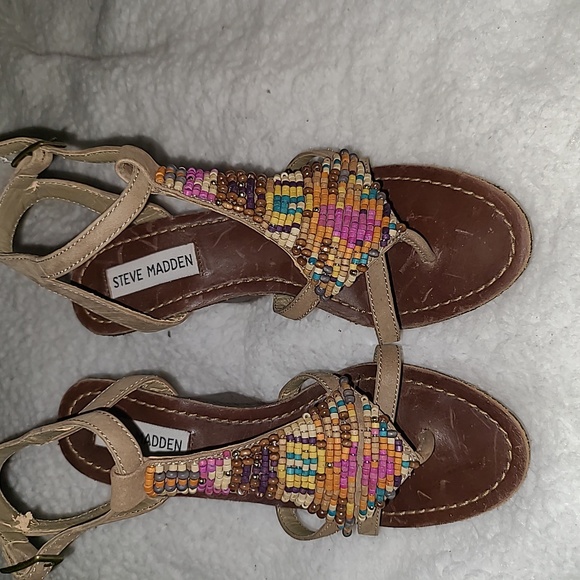 Steve Madden Y2K  S. 6 Brown Leather Multi Color Beaded  Bohemian Cork Wedges - Picture 3 of 9